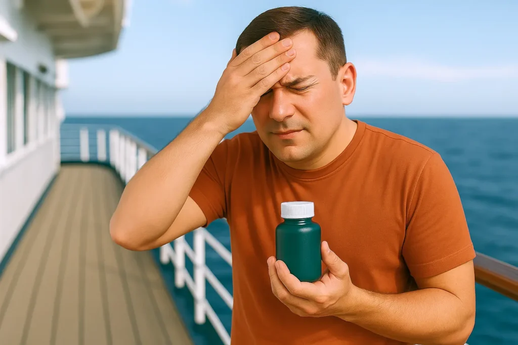 Man visibly in pain with a headache and motion sickness.