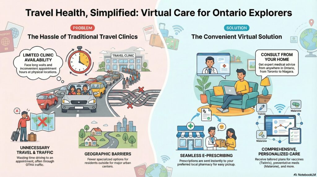 Whether you are planning a bucket-list safari from Oakville, a business trip to Southeast Asia from Mississauga, or taking the family on a tropical escape from Brantford or Niagara, your first step is ensuring your health is protected. While many residents start their journey by searching for a travel clinic near me in the GTA or Golden Horseshoe, they often find limited hours and long wait times. Canada TravelMED is changing the game by bringing the clinic directly to you.
