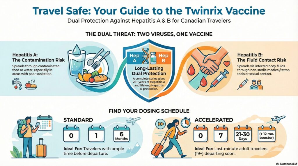 The Dual Shield: Why Twinrix is Your Essential Travel Vaccine For Canadian travelers heading anywhere from a tropical resort to a bustling developing city, the Twinrix vaccine is one of the most practical and vital immunizations available. This single combination vaccine offers comprehensive, long-term protection against two serious viral liver infections: Hepatitis A and Hepatitis B. Planning your next getaway? Don't forget your essential travel shield: the Twinrix vaccine! This single shot protects you from both Hepatitis A (food/water contamination) and Hepatitis B (fluid contact) β two common risks for travelers. Whether it's a beach resort or an exotic city, Twinrix gives you peace of mind to explore without health worries. Why choose Twinrix with Canada TravelMED? Personalized Consults: Our travel doctors virtually assess your specific needs and itinerary. Tailored Dosing: We ensure you get the right schedule for maximum protection, even if you're a last-minute traveler. Convenient Prescriptions: Get your prescription and expert guidance, all from the comfort of your home. Don't let preventable illnesses spoil your trip! Get protected the smart way. Learn more & book your virtual consult today! π https://www.canadatravelmed.ca/