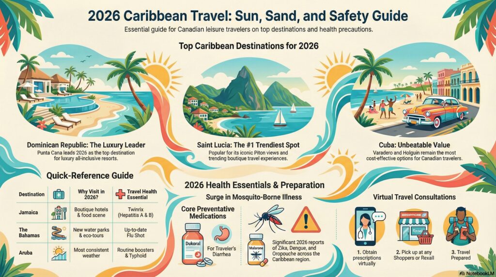 Escape to the Tropics: The Top 10 Caribbean Destinations for 2026 As we settle into 2026, the Caribbean remains the ultimate winter escape for Canadians. From the vibrant streets of Havana to the pristine beaches of Providenciales, there is a perfect island for every type of traveler. However, a dream vacation can quickly turn into a health crisis if you aren't prepared. Recent reports indicate a surge in mosquito-borne illnesses across the region, making your pre-trip preparation more important than ever. At Canada TravelMED, we turn any Shoppers Drug Mart or Rexall into your personal travel clinic with our virtual health consultations.