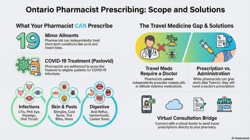 What Pharmacists CAN Prescribe (Minor Ailments)Pharmacists in Ontario are authorized to prescribe medications for 19 specific minor ailments as of 2026. These are typically short-term conditions that can be managed without complex laboratory tests.CategoryConditionsCommon InfectionsUncomplicated Urinary Tract Infections (UTIs), Oral Thrush, Pink Eye (Conjunctivitis), Impetigo, and Yeast Infections.Skin ConditionsMild Acne, Dermatitis (eczema/allergic), Diaper Rash, Cold Sores, and Shingles.Pests & BitesTick Bites (to prevent Lyme disease), Pinworms, Threadworms, Insect Bites, and Hives.General HealthAcid Reflux (GERD), Hemorrhoids, Canker Sores, Menstrual Cramps, Nausea/Vomiting in Pregnancy, and Sprains or Strains.Note: Pharmacists can also prescribe Paxlovid for COVID-19 and Oseltamivir (Tamiflu) for influenza.❌ What Pharmacists CANNOT Prescribe IndependentlyDespite their expanded role, pharmacists still have major limitations on what they can order without a doctor's prescription.Most Travel Medications: Pharmacists generally cannot independently prescribe medications for travel prevention, such as Malarone for malaria or altitude sickness pills.Most Travel Vaccines: While they can administer vaccines like Twinrix (Hepatitis A/B) and Typhoid, they usually require a valid prescription from a doctor or nurse practitioner first.Chronic Disease Management: They cannot initiate new prescriptions for long-term conditions like high blood pressure, heart disease, or diabetes.Controlled Substances: Prescribing narcotics, opioids, or most sedatives remains outside their independent scope.Complex Diagnostics: They cannot currently order complex laboratory tests, though point-of-care tests like strep throat testing are being integrated into their role.