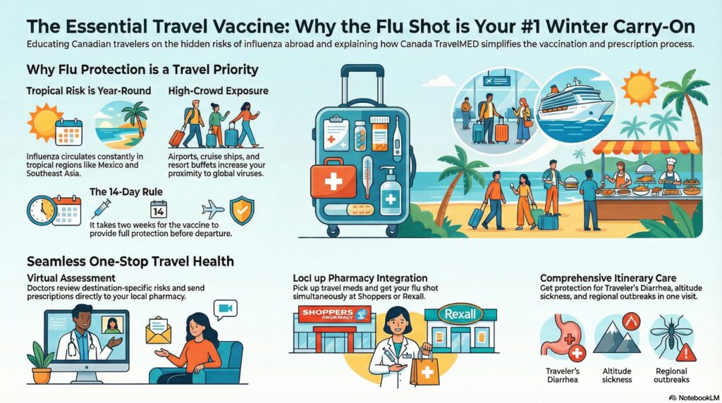 Why the Flu Shot is Your Most Important Travel Essential This Winter When planning an international getaway from Toronto, Hamilton, or Vancouver, most travelers focus on exotic protections like Yellow Fever or Typhoid. However, health experts agree that the most common vaccine-preventable illness for travelers isn't found in a jungle—it's the seasonal flu. At Canada TravelMED, we integrate the flu shot into our virtual travel health consultations to ensure your "winter escape" doesn't turn into a week of fever and chills. The Flu Doesn't Follow a Calendar in the Tropics While we associate the flu with the cold Canadian winters in Ottawa, Calgary, and Winnipeg, influenza circulates year-round in tropical and subtropical regions. If you are heading to Mexico, the Caribbean, or Southeast Asia, you are at risk regardless of the month. Crowded Settings: Whether you are at Pearson Airport in Mississauga, on a cruise ship, or at a resort buffet, you are in close proximity to travelers from all over the world. Timing is Key: It takes approximately two weeks for the flu shot to provide full protection. We recommend getting vaccinated at least 14 days before your departure from Halifax, Montreal, or Victoria.