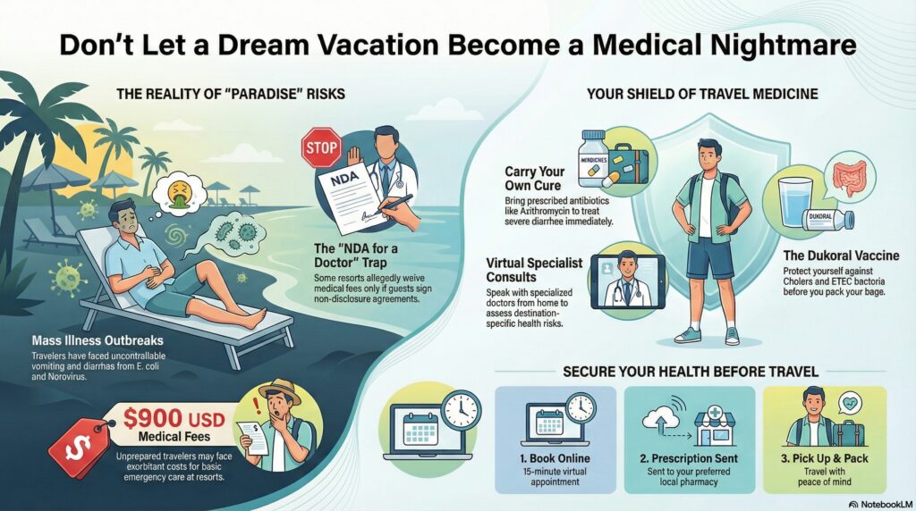 While getting sick is bad enough, the situation at the resort allegedly took a darker turn. Guests suffering from severe illness—some testing positive for E. coli and Norovirus—claim they were blocked from seeing the resort doctor unless they signed a legal contract. As reported in a follow-up investigation, travellers were told to sign an NDA to get medical care. The deal The $900 USD medical fee would be waived, but only if they promised not to post about their illness online.