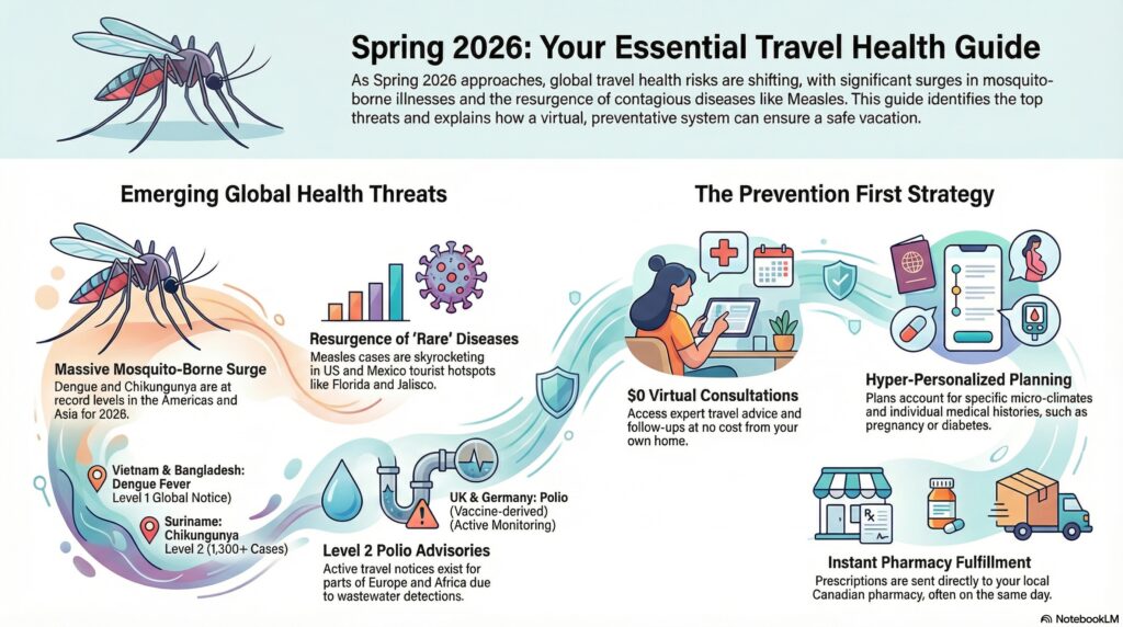 Top Travel Health Concerns (Spring 2026): Your Essential Safety Guide Are you getting ready for a Spring 2026 getaway? Whether you’re chasing the cherry blossoms in Asia, heading to a family wedding in Mexico, or planning a rugged trek through South America, the excitement of travel often comes with a bit of "planning paralysis." With headlines shifting daily, it’s hard to know which health precautions are actually necessary for your specific destination. As we move into the peak travel season of Spring 2026, we are seeing a significant uptick in several key areas, from mosquito-borne surges in the tropics to highly contagious outbreaks closer to home. At Canada Travel Med, we want to help you move past the idea that travel health is just a quick shot in the arm. It’s about building a complete preventative system that keeps you out of the hospital and on your vacation. This guide breaks down the Top Travel Health Concerns (Spring 2026) and explains how a personalized, virtual health plan can protect you, no matter where your passport takes you.